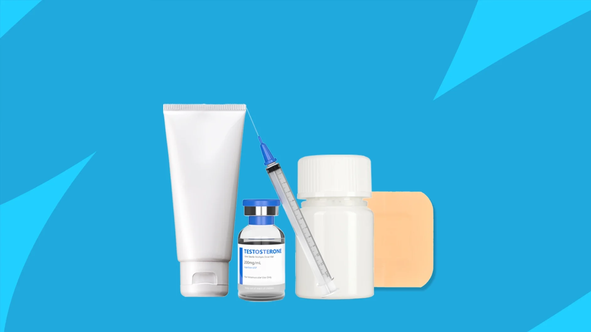 A tube of cream, a vial of testosterone, a syringe, pill bottle, and patch | types of testosterone replacement therapy