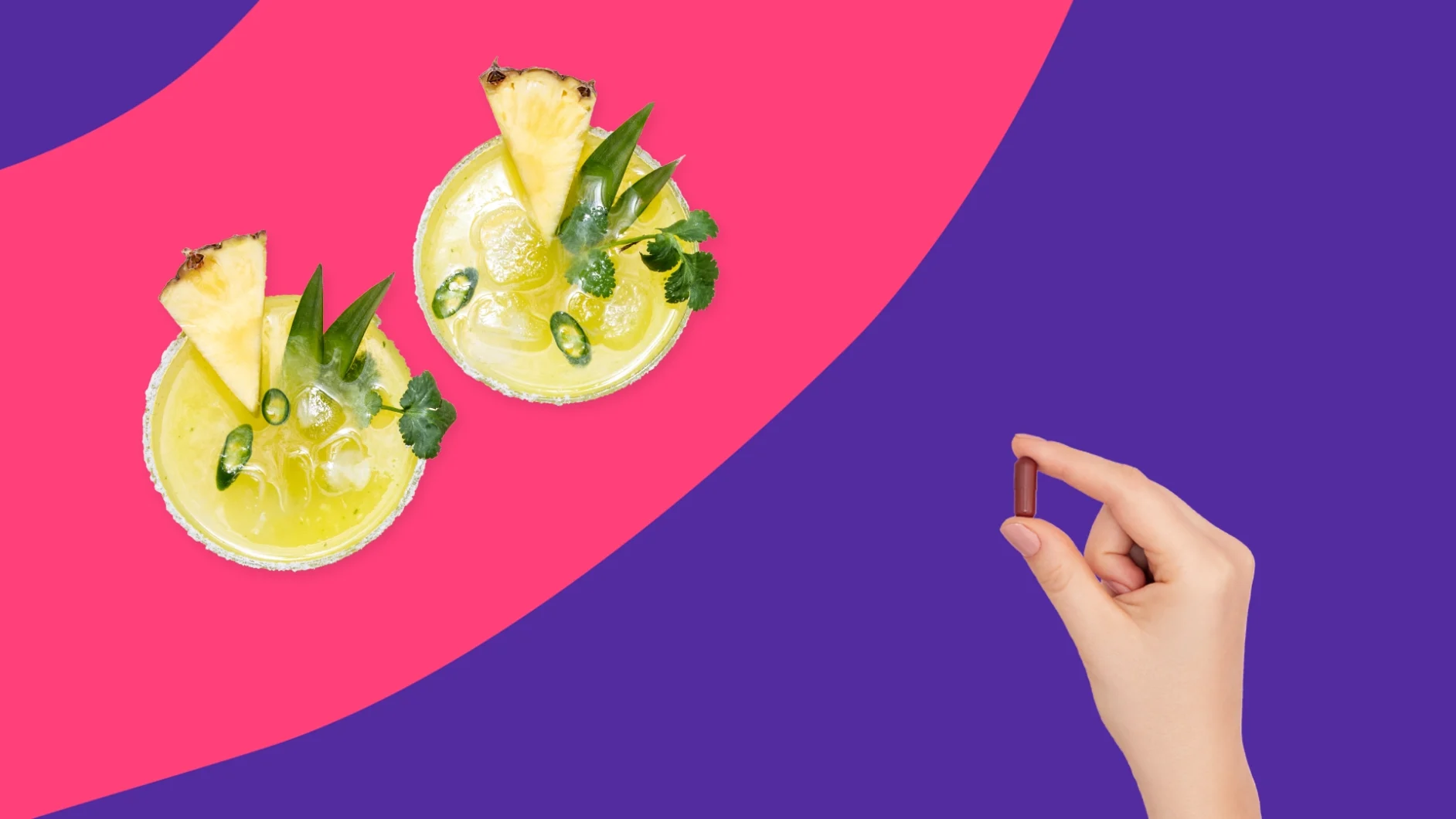 image of a hand holding a pill and two cocktails - fluconazole and alcohol