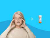 A woman with her fingers on her temples and an Rx pill bottle: Amitriptyline for migraines and headaches