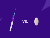 A syringe and a pill with "vs" between them: Emgality vs. Nurtec