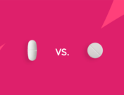 An oval tablet and a round tablet with "vs" between them: Rybelsus vs. Farxiga
