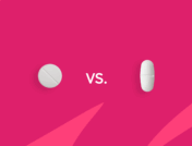 A round pill and an oval pill with "vs." between them: Hydroxyzine vs. Benadryl