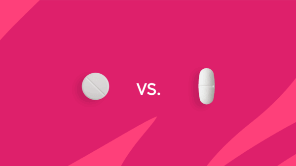A round pill and an oval pill with "vs." between them: Hydroxyzine vs. Benadryl