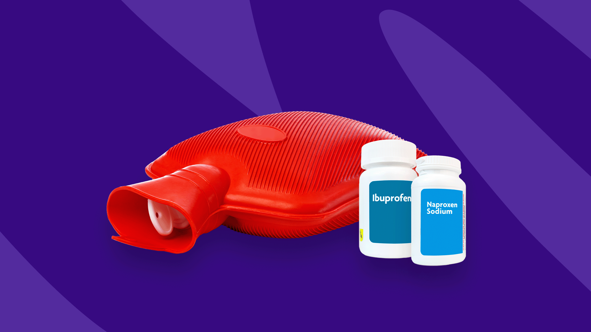 Hot water bottle with ibuprofen and naproxen bottles against a purple background