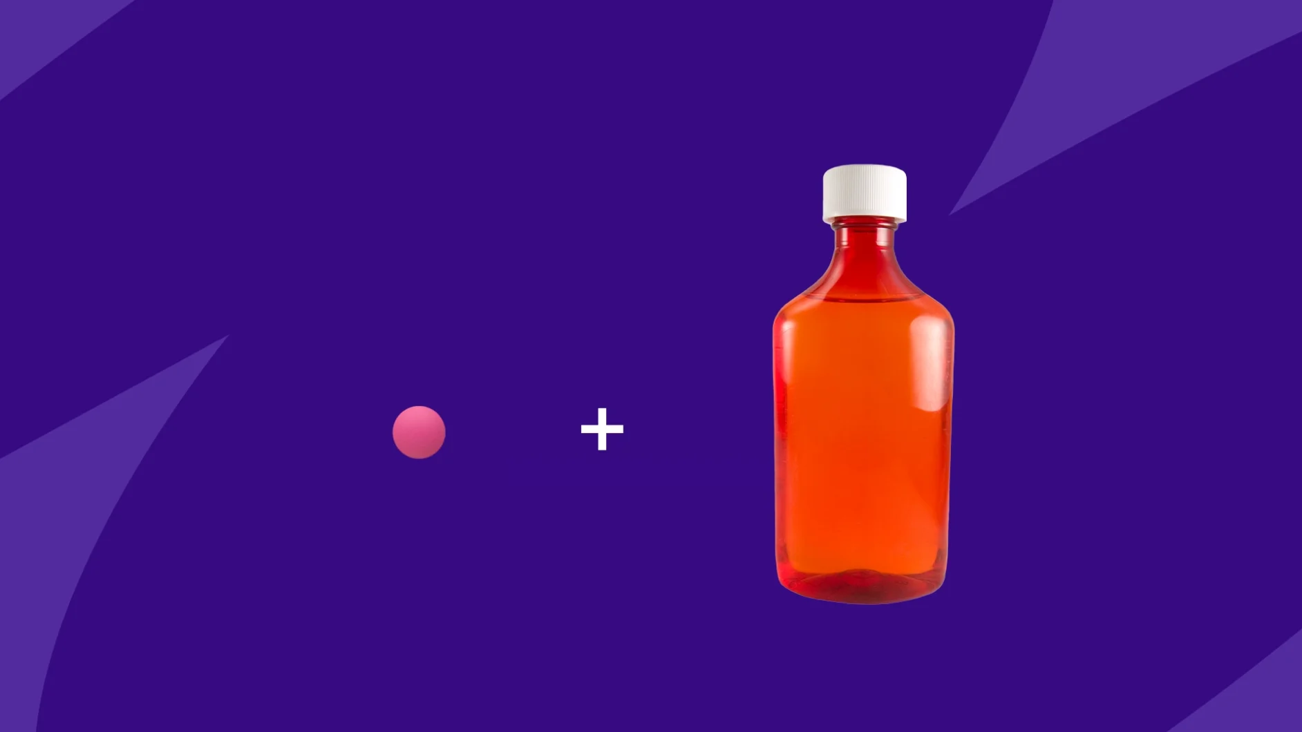 A pink pill and a bottle of liquid medication with a plus sign between them: Can you take Nyquil with trazodone?