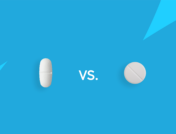 An oval tablet and a round tablet with "vs" between them: Eliquis vs. aspirin: Differences & similarities explained