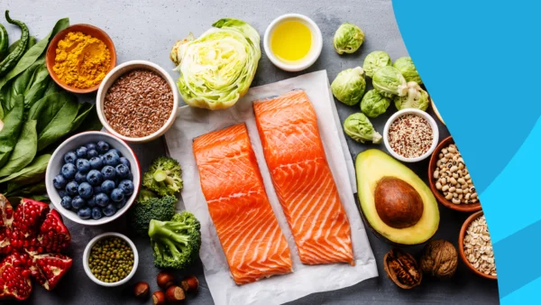 Image of salmon, blueberries, avocado and other foods - foods that increase glp-1