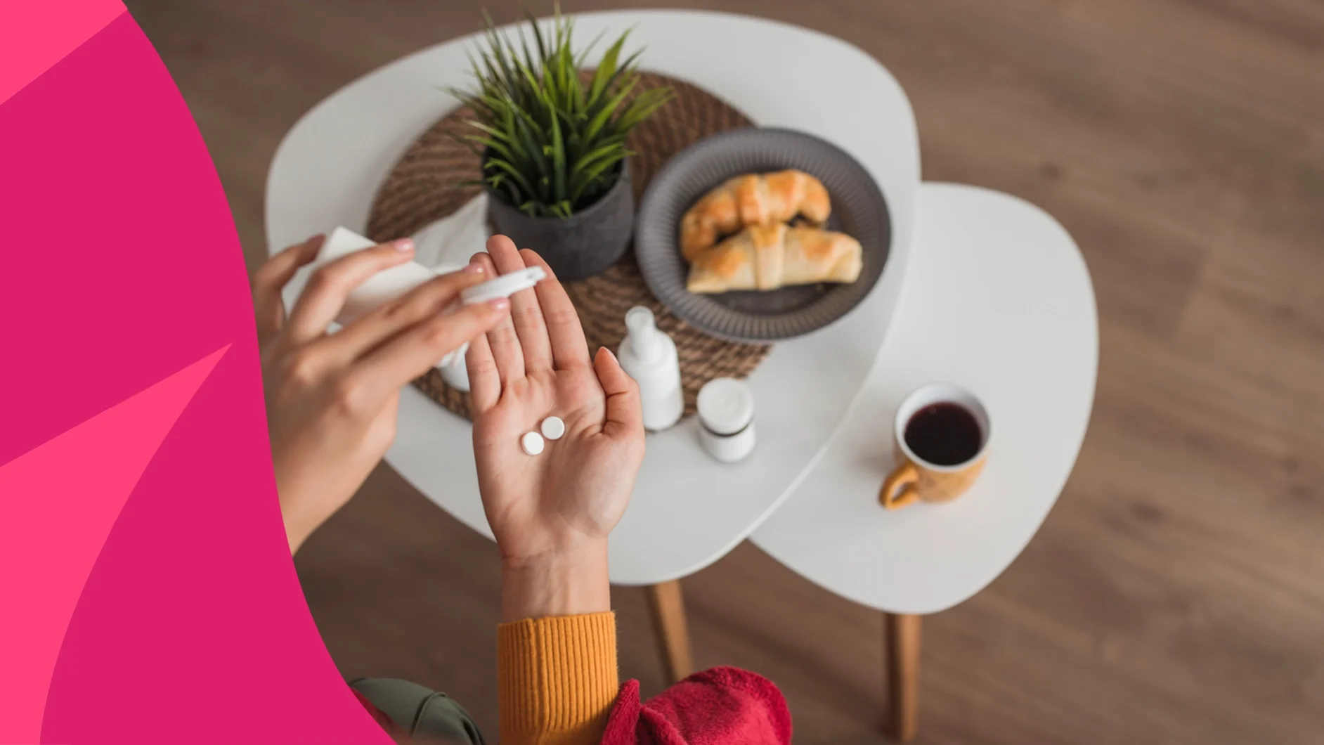 Image of someone eating breakfast with a pill in their hand - olanzapine and caffeine