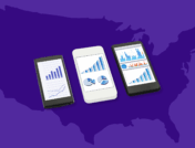 Three mobile devices with charts on them and a map of the U.S. behind them: Wegovy facts and statistics