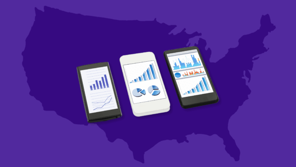 Three mobile devices with charts on them and a map of the U.S. behind them: Wegovy facts and statistics