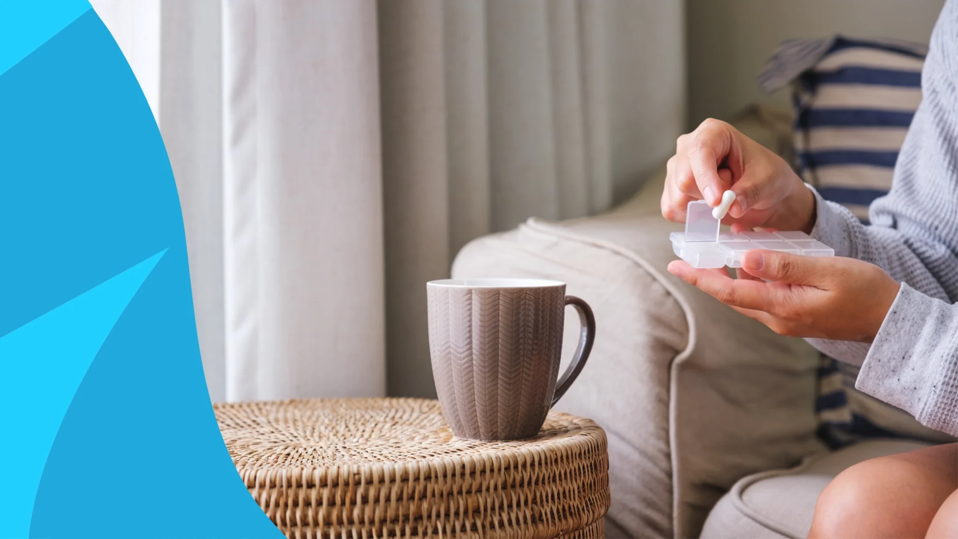 Cup of coffee next to a person holding medication - azstarys and caffeine