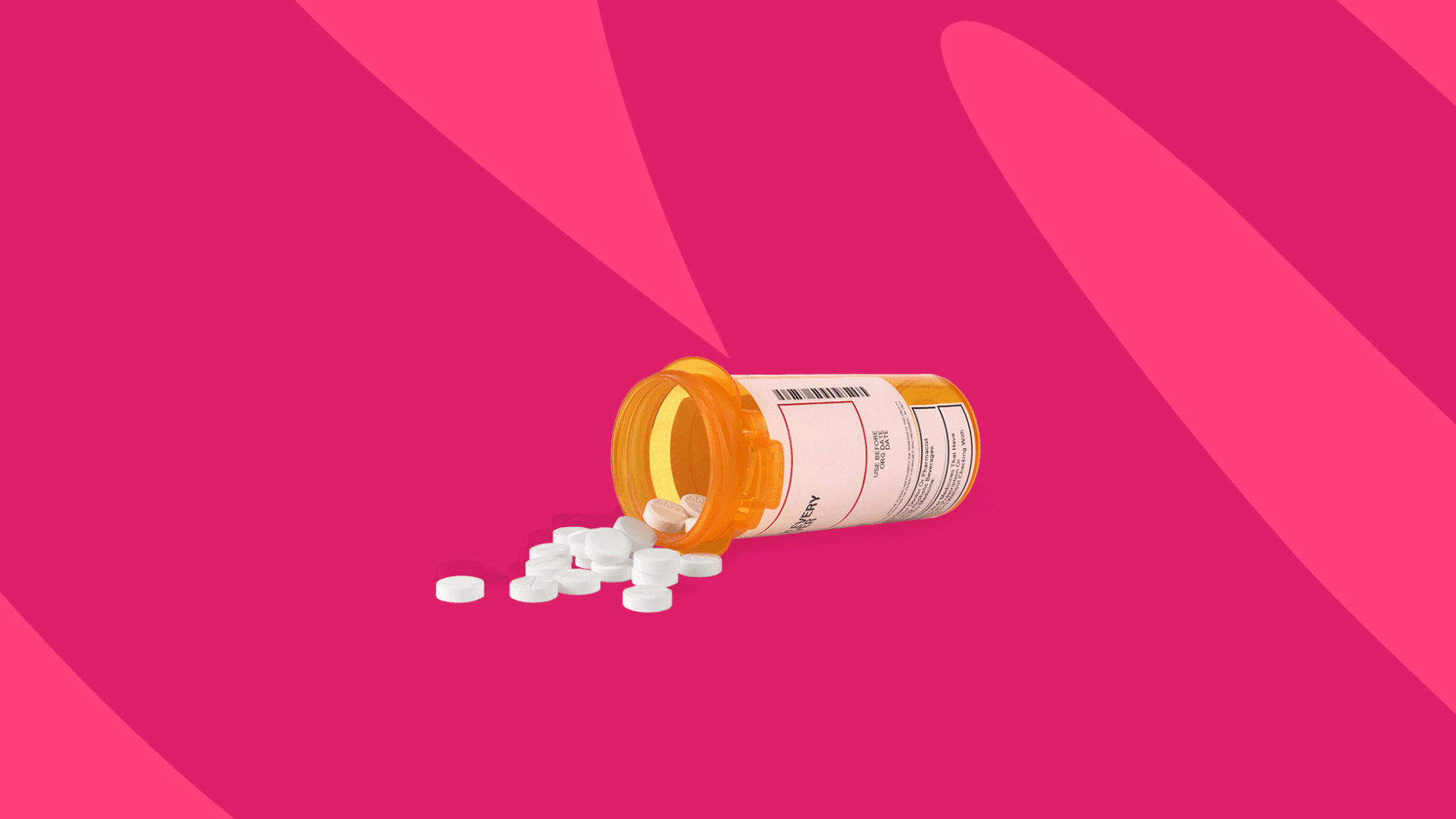 A prescription bottle with white pills spilling out: Gemtesa generic