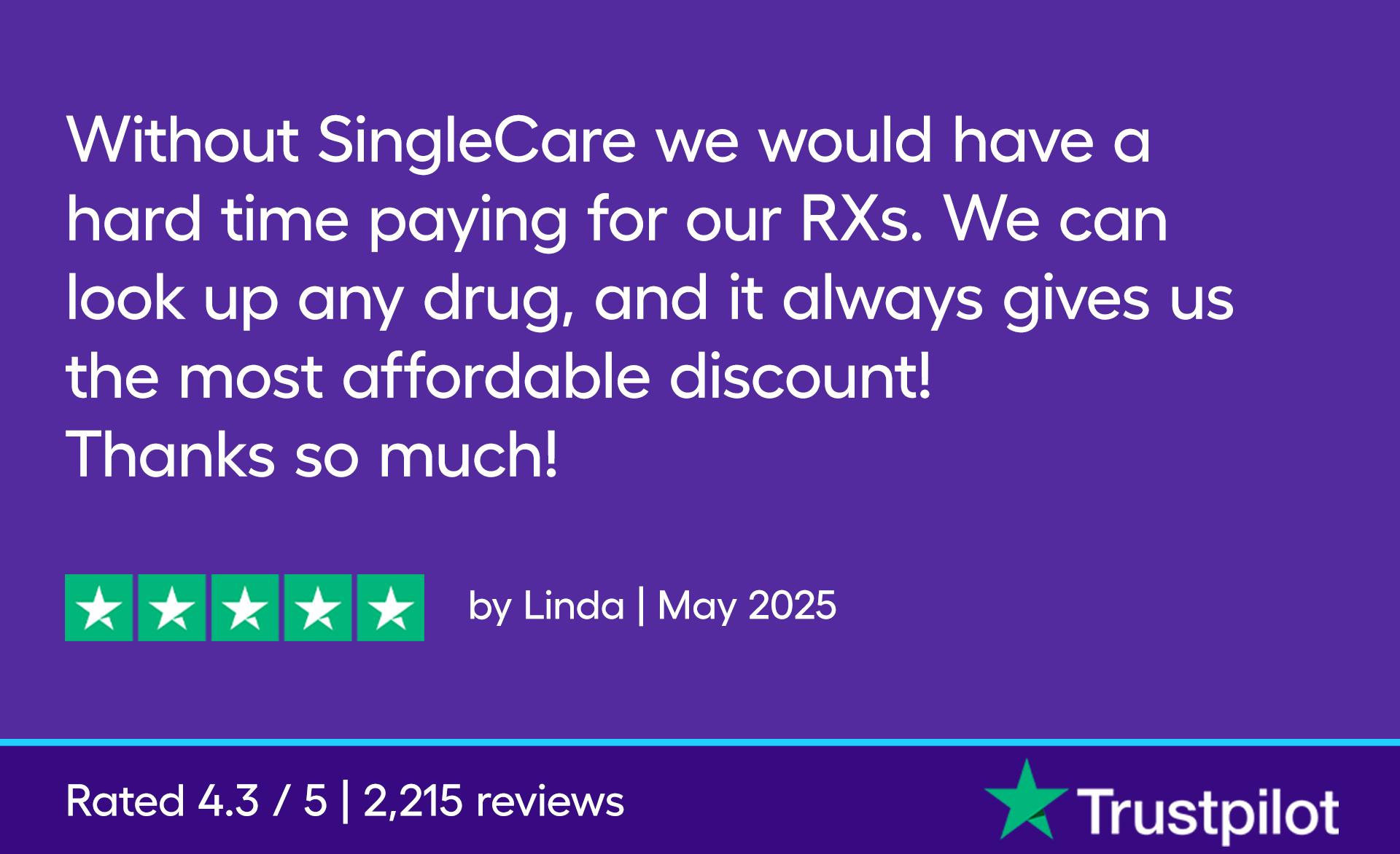 Without SingleCare we would have a hard time paying for our RXs. We can look up any drug, and it always gives us the most affordable discount! Thanks so much! 5 stars, by Linda, May 2025