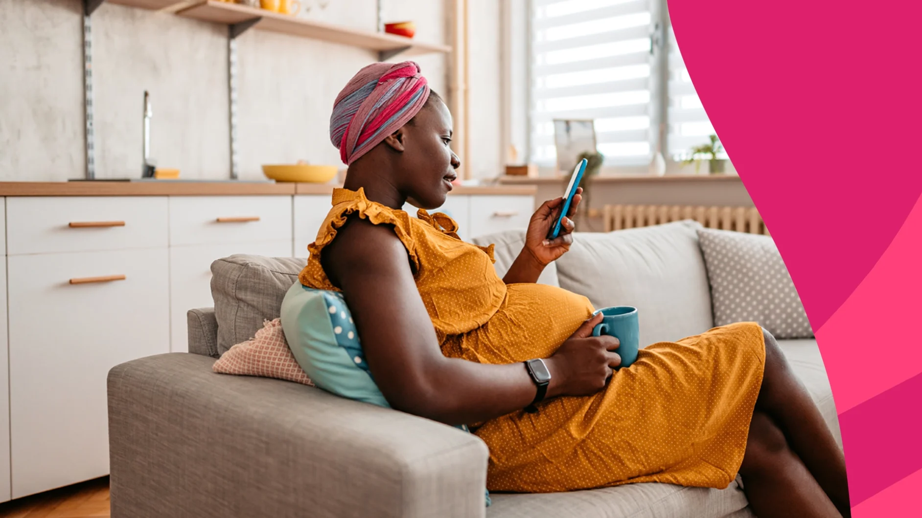Image of a pregnant woman siting on the couch - Can you take Ubrelvy while pregnant?