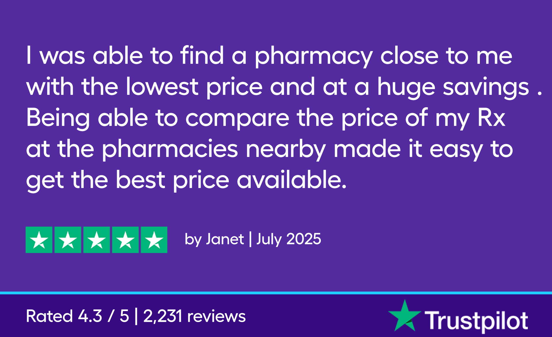 I was able to find a pharmacy close to me with the lowest price and at a huge savings . Being able to compare the price of my Rx at the pharmacies nearby made it easy to get the best price available.” 5 stars, By Janet, July 2025