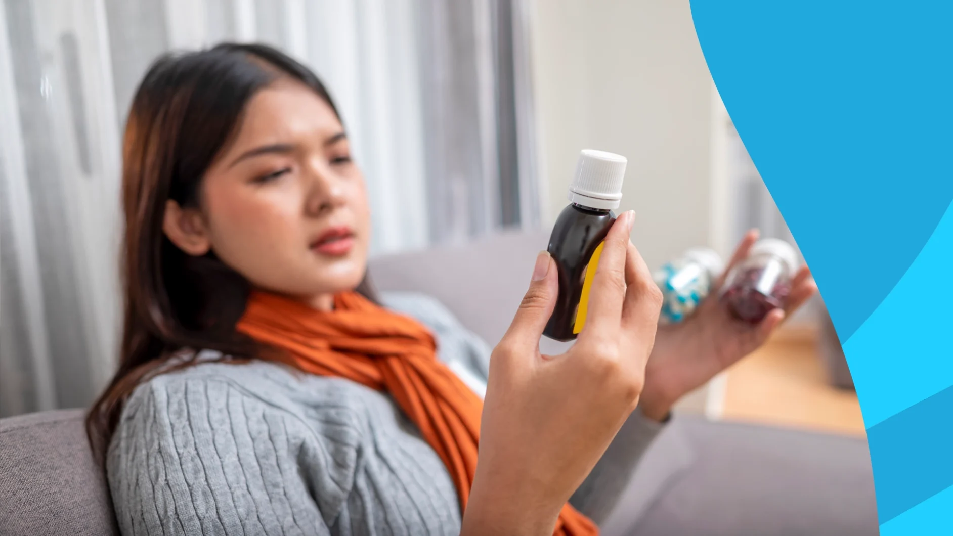 Image of a woman reading the label on a cough syrup bottle does nyquil have alcohol in it