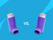 Two purple inhalers with "vs." between them: Breyna vs. Symbicort