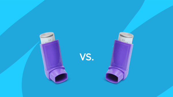 Two purple inhalers with "vs." between them: Breyna vs. Symbicort
