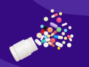 A white pill bottle with various types of pills spilling out: Wegovy pill form