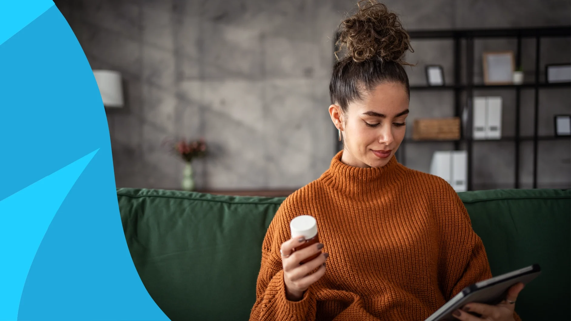 A woman looking at a tablet and her pill bottle | amitriptyline for nerve pain