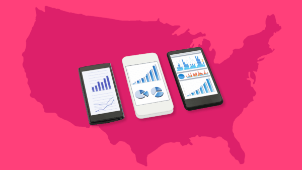 Three smartphones with charts on the screen: Social media and mental health statistics