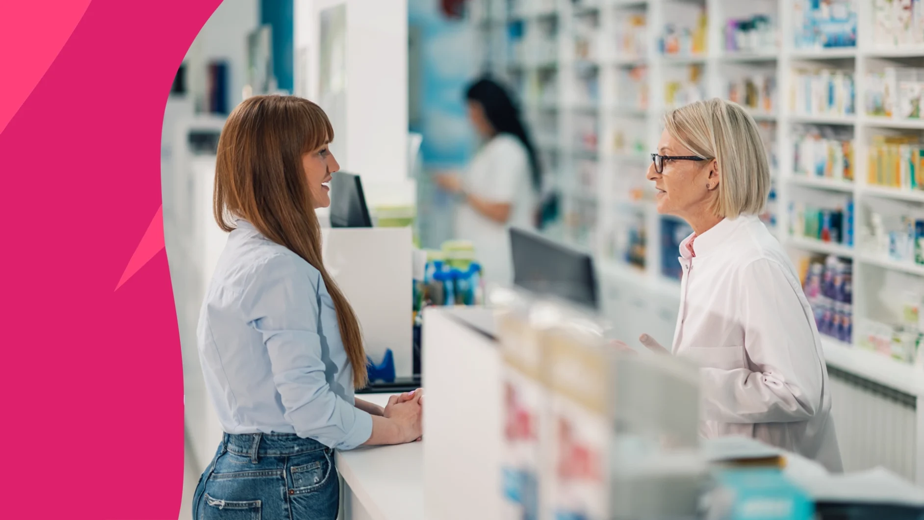 A pharmacist counseling a woman in perimenopause