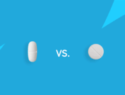 An oval pill and a round pill with "vs." between them: Buspirone vs. bupropion: Differences and similarities explained