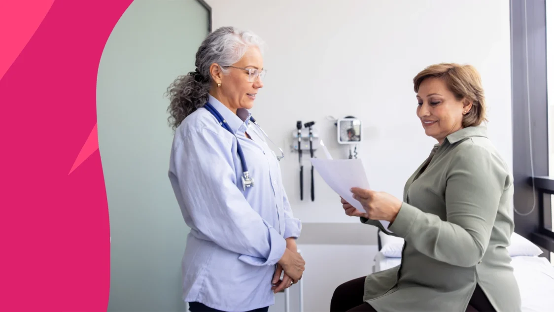 A woman talking to her provider | Does Myrbetriq cause weight gain?