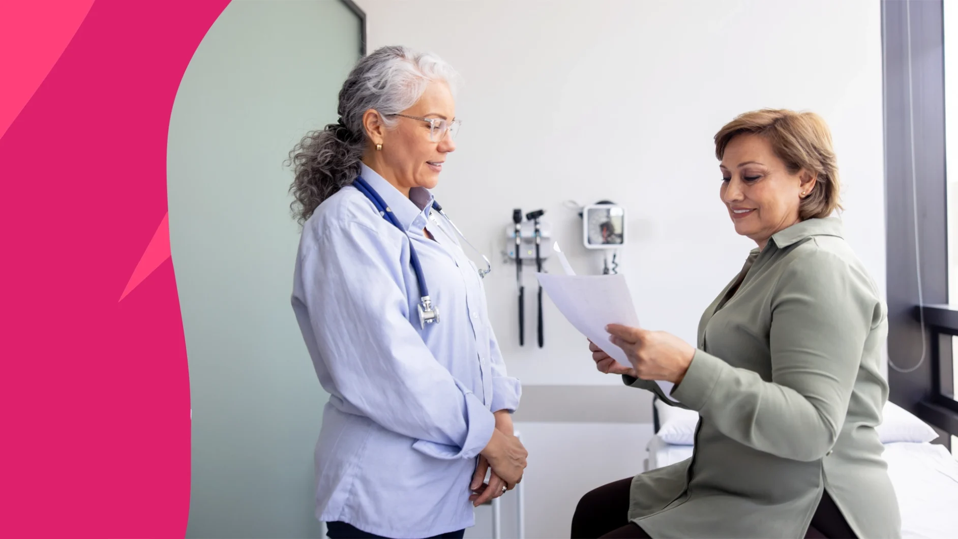 A woman talking to her provider | Does Myrbetriq cause weight gain?