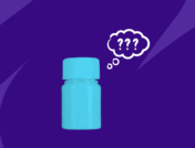 Blue pill bottle with question marks: