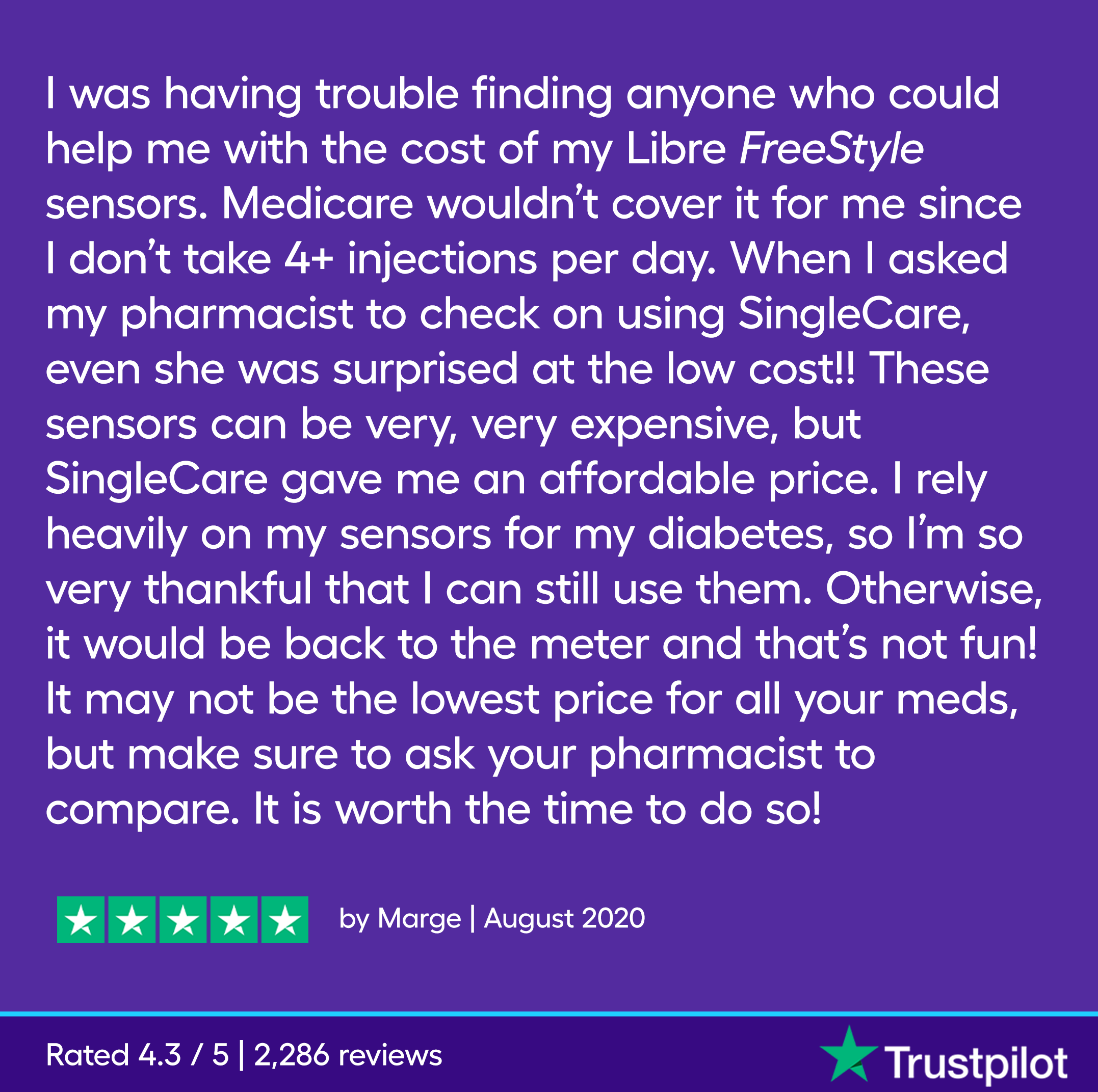 I was having trouble finding anyone who could help me with the cost of my Libre FreeStyle sensors. Medicare wouldn’t cover it for me since I don’t take 4+ injections per day. When I asked my pharmacist to check on using SingleCare, even she was surprised at the low cost!! These sensors can be very, very expensive, but SingleCare gave me an affordable price. I rely heavily on my sensors for my diabetes, so I’m so very thankful that I can still use them. Otherwise, it would be back to the meter and that’s not fun! It may not be the lowest price for all your meds, but make sure to ask your pharmacist to compare. It is worth the time to do so! - Marge, August 2020, 5 stars