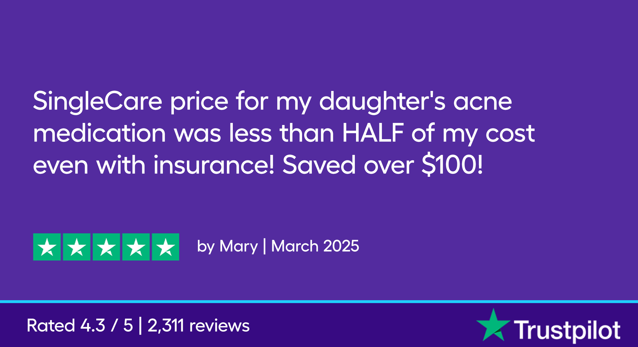 SingleCare price for my daughter's acne medication was less than HALF of my cost even with insurance! Saved over $100!