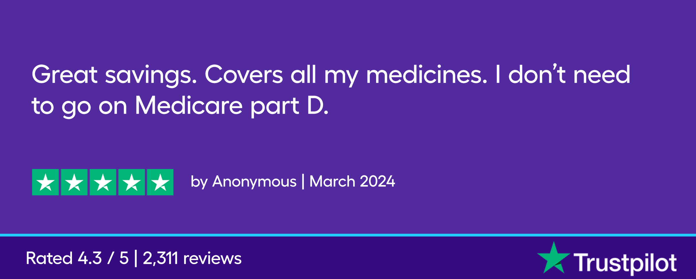 Great savings. Covers all my medicines. I don’t need to go on Medicare part D. 