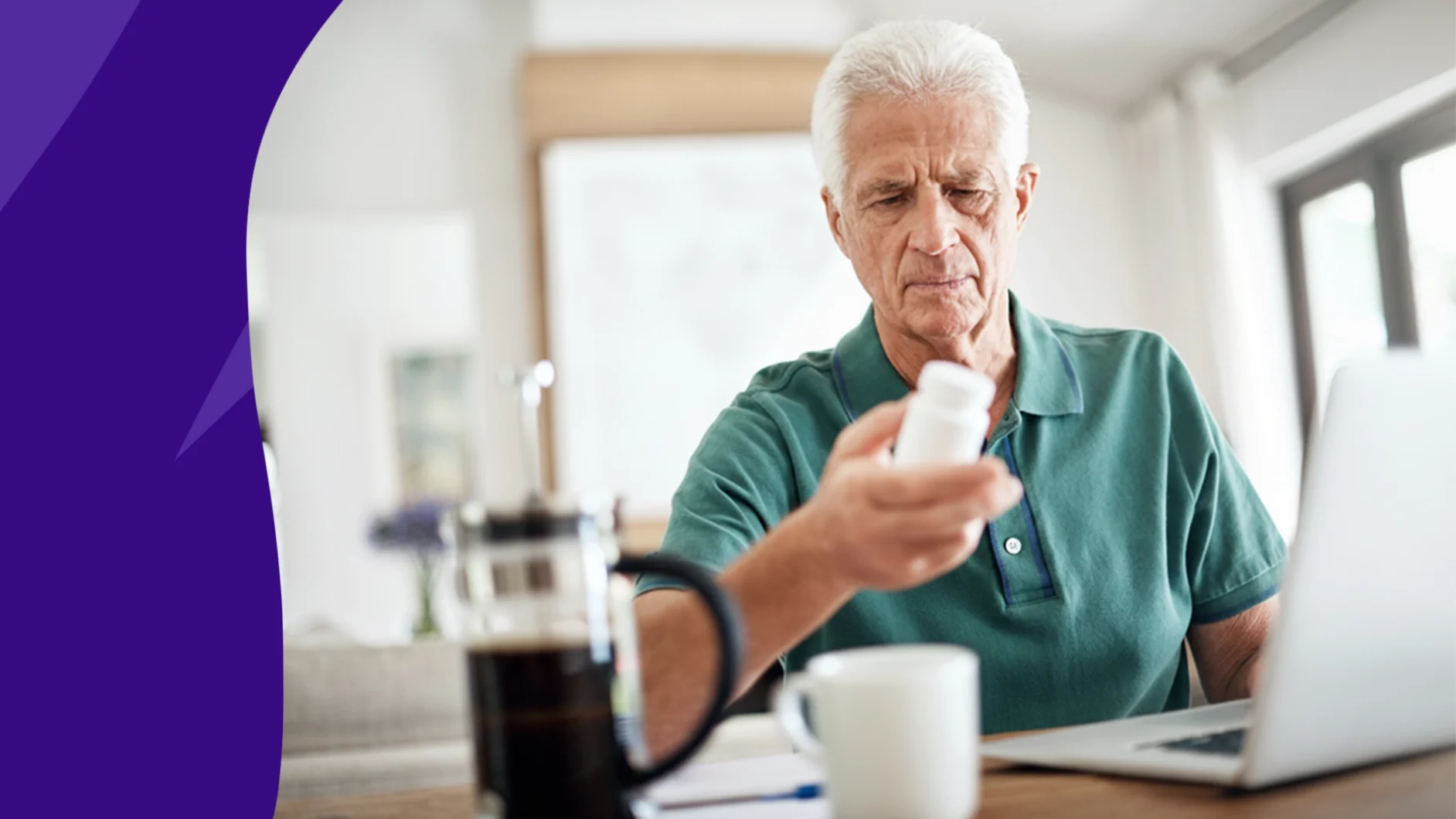 older adult holding a pill bottle and looking at a pot of coffee - why can't you have caffeine with farxiga