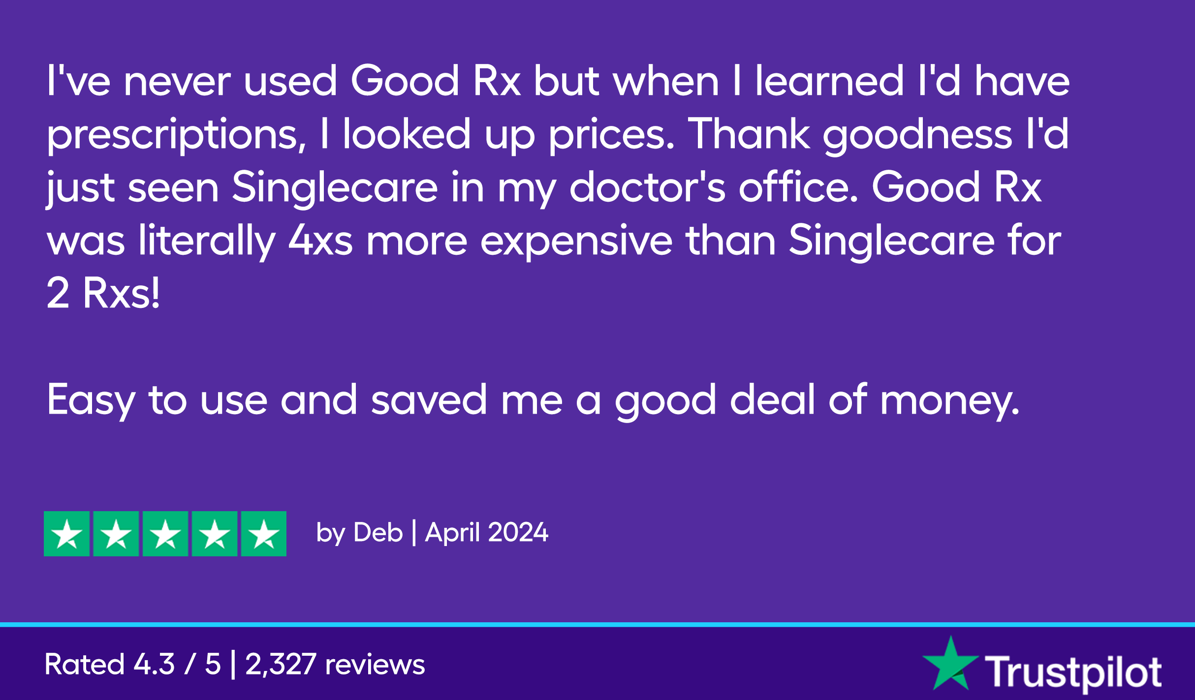 I've never used Good Rx but when I learned I'd have prescriptions, I looked up prices. Thank goodness I'd just seen Singlecare in my doctor's office. Good Rx was literally 4xs more expensive than Singlecare for 2 Rxs!