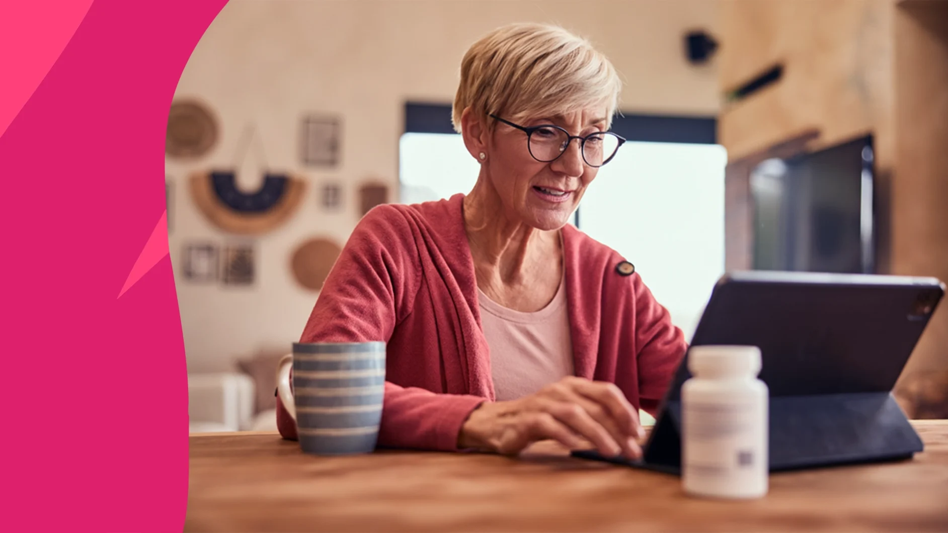 A woman drinking coffee with a pill bottle nearby | How long after taking ciprofloxacin can I drink coffee?