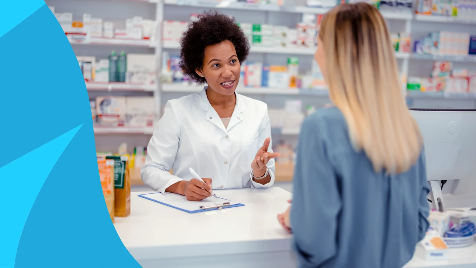 Image of a pharmacist counseling a patient - pharmacists support mental health care