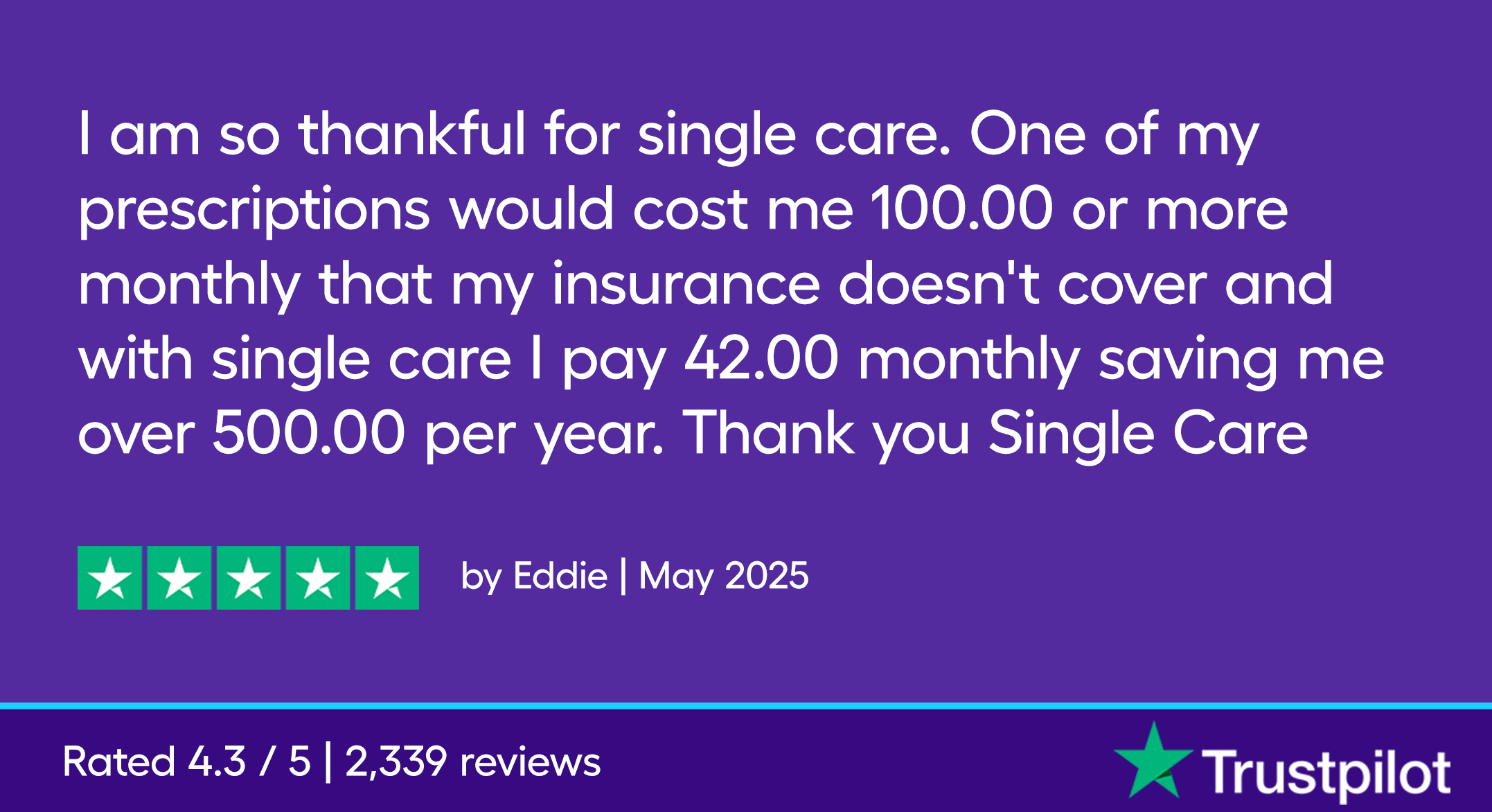 I am so thankful for single care. One of my prescriptions would cost me 100.00 or more monthly that my insurance doesn't cover and with single care I pay 42.00 monthly saving me over 500.00 per year. Thank you Single Care