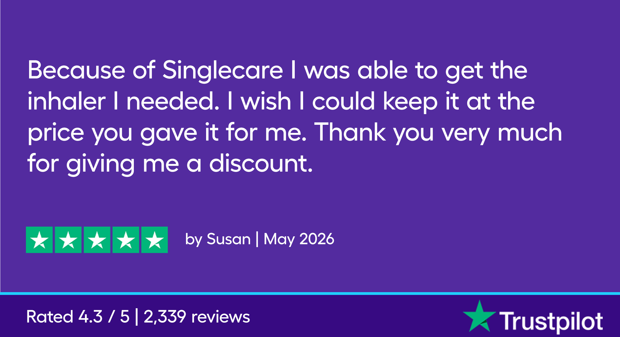 Because of Singlecare I was able to get the inhaler I needed. I wish I could keep it at the price you gave it for me. Thank you very much for giving me a discount.
