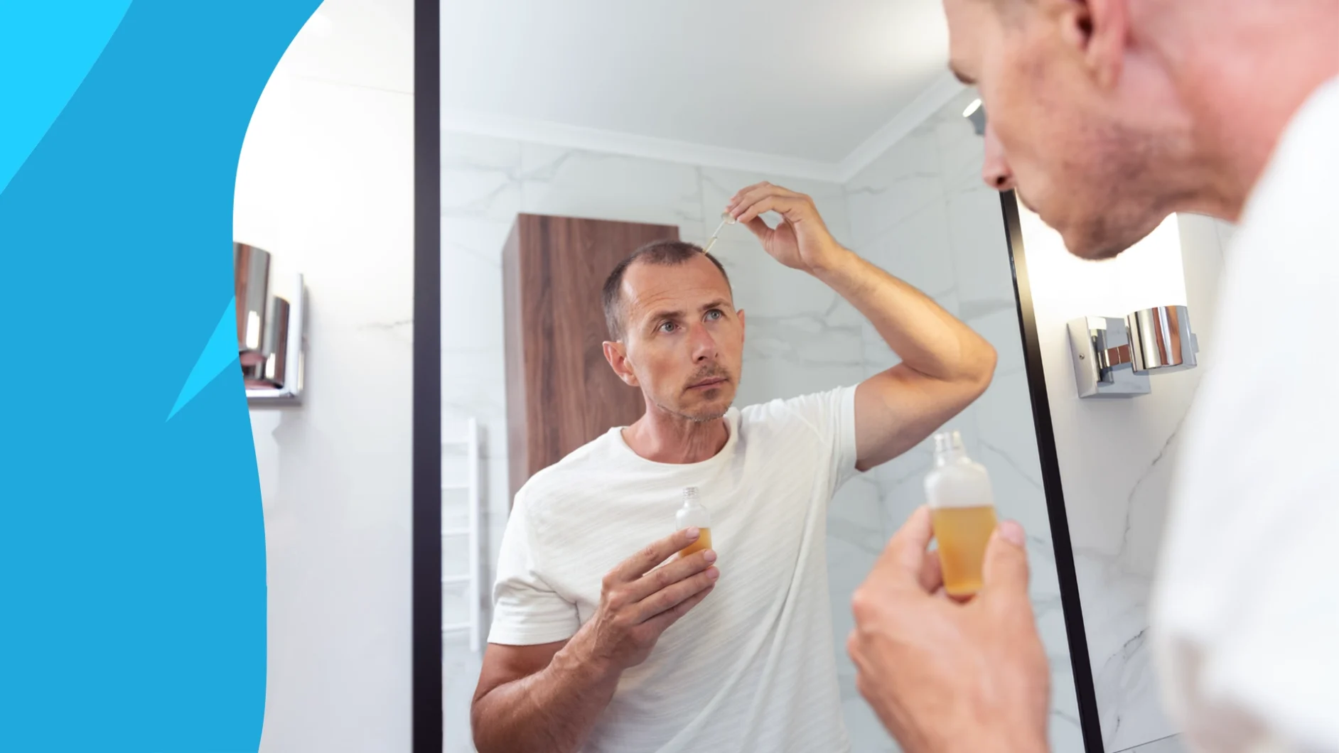 A man looking in the mirror, wondering, "Is minoxidil safe?"
