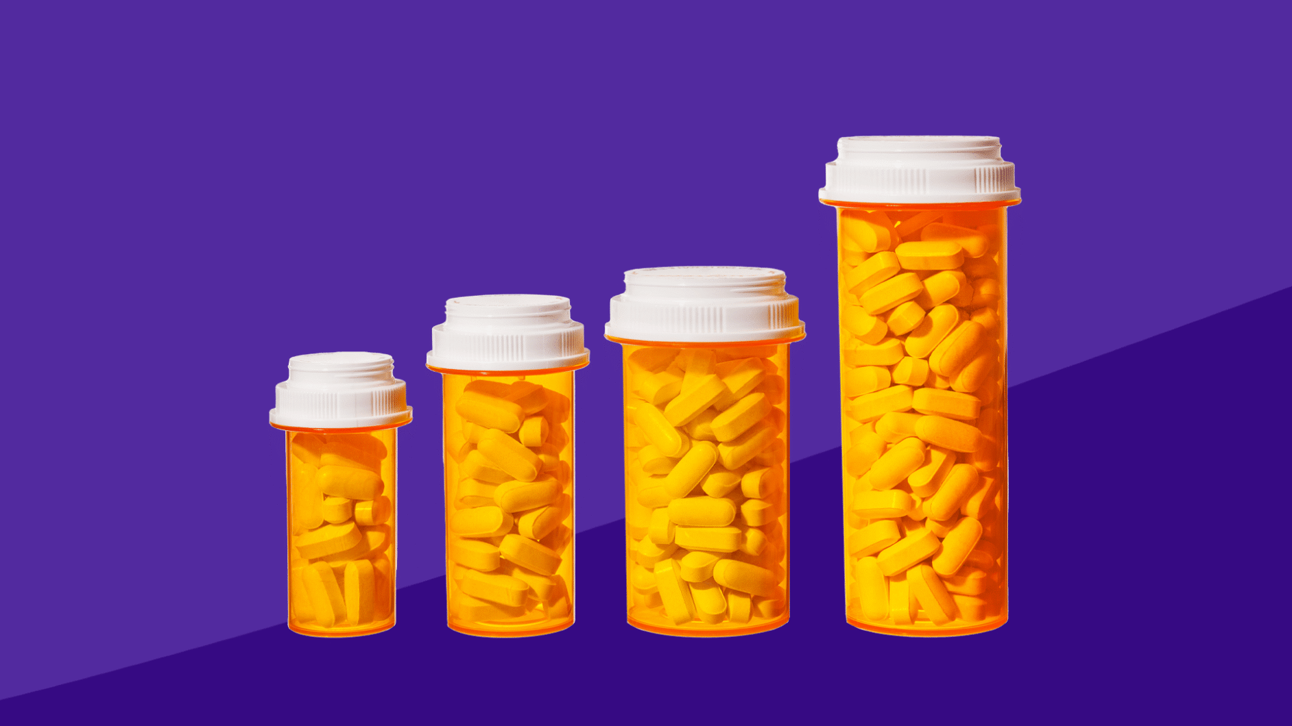 Four prescription bottles of different sizes: Tadalafil 20 mg