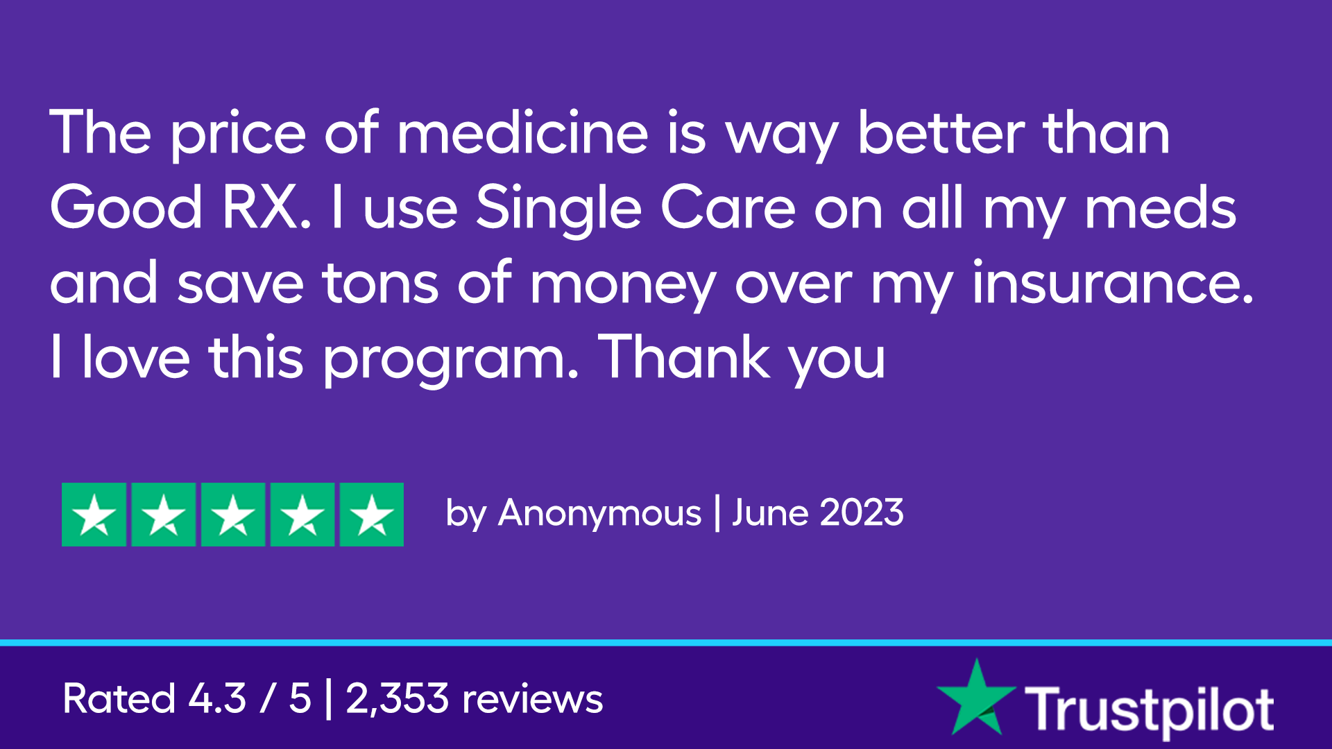 The price of medicine is way better than Good RX. I use Single Care on all my meds and save tons of money over my insurance. I love this program. Thank you