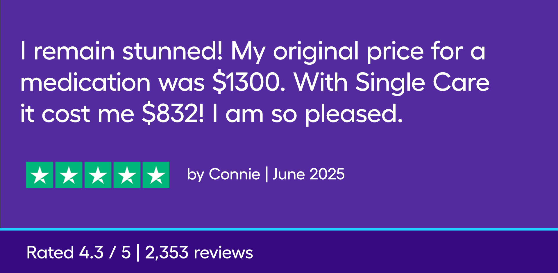 I remain stunned! My original price for a medication was $1300. With Single Care it cost me $832! I am so pleased.
