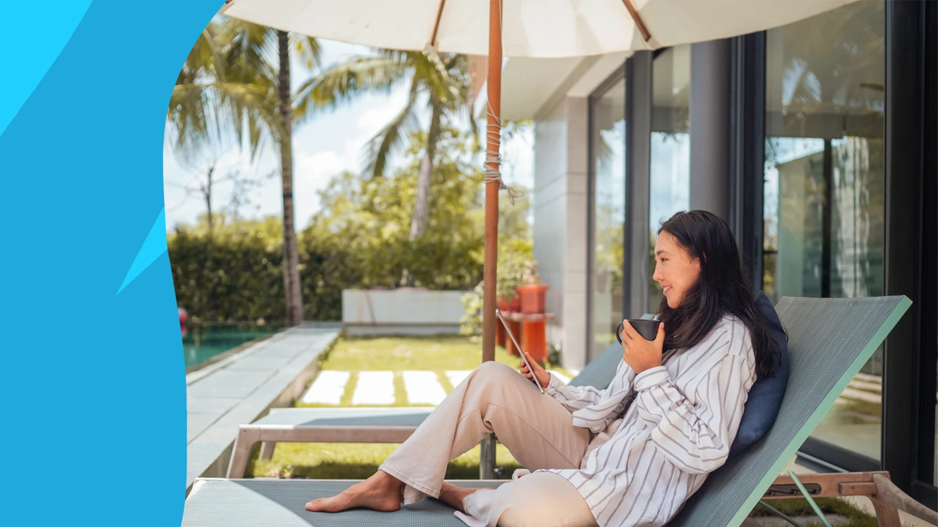 Image of a woman sitting outside on a lounge chair under a large sun umbrella to represent doxycycline sun exposure