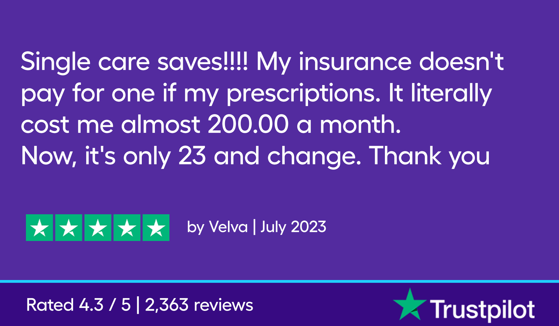 Single care saves!!!! My insurance doesn't pay for one if my prescriptions. It literally cost me almost 200.00 a month. Now, it's only 23 and change. Thank you —Velva