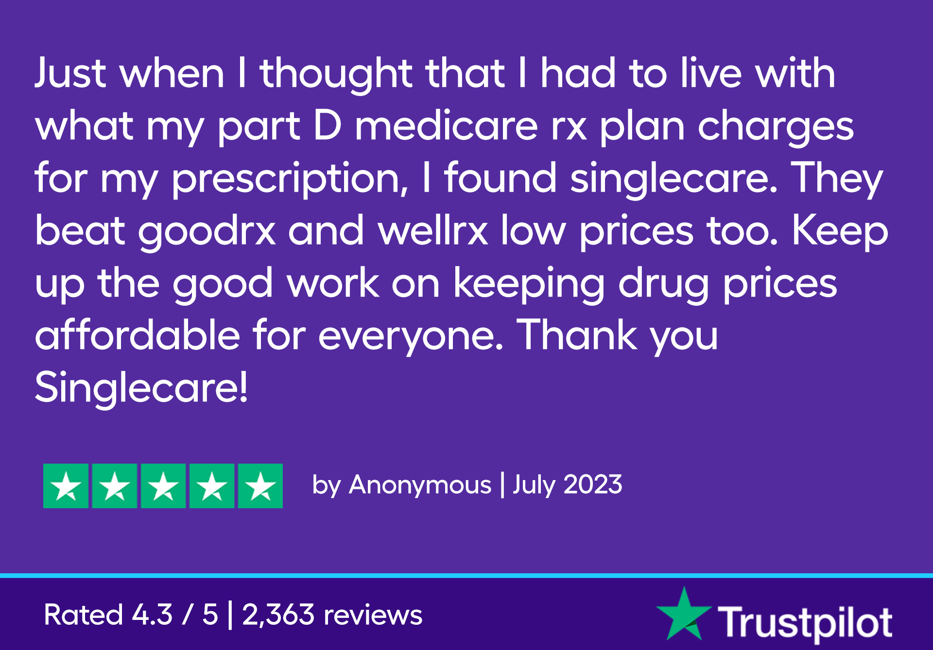 Just when I thought that I had to live with what my part D medicare rx plan charges for my prescription, I found singlecare. They beat goodrx and wellrx low prices too. Keep up the good work on keeping drug prices affordable for everyone. Thank you Singlecare! —customer