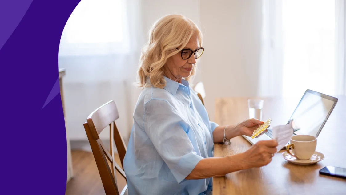 Woman with a cup of coffee and medication to represent how coffee interacts with Lexapro
