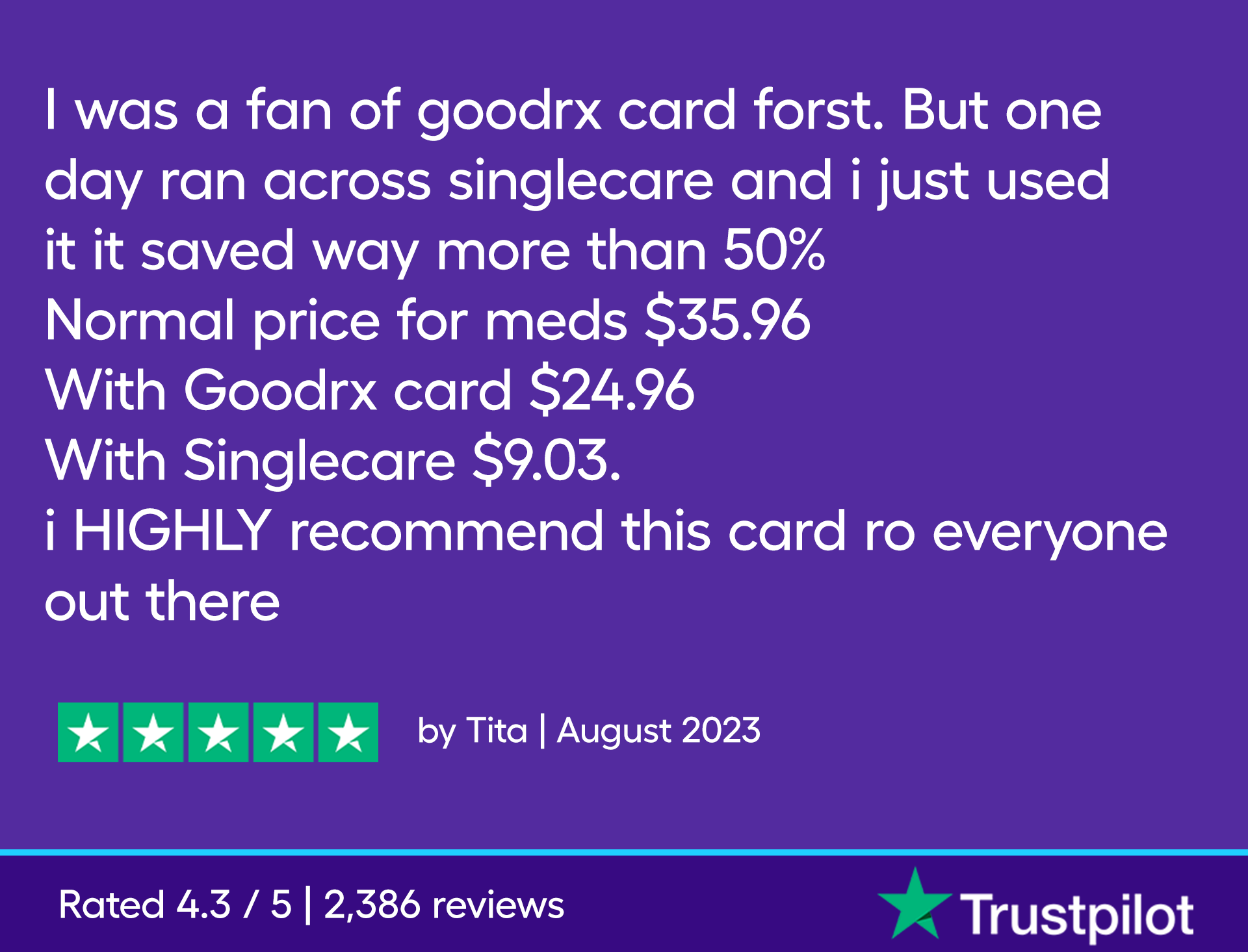 I was a fan of goodrx card forst. But one day ran across singlecare and i just used it it saved way more than 50% Normal price for meds $35.96 With Goodrx card $24.96 With Singlecare $9.03. i HIGHLY recommend this card ro everyone out there