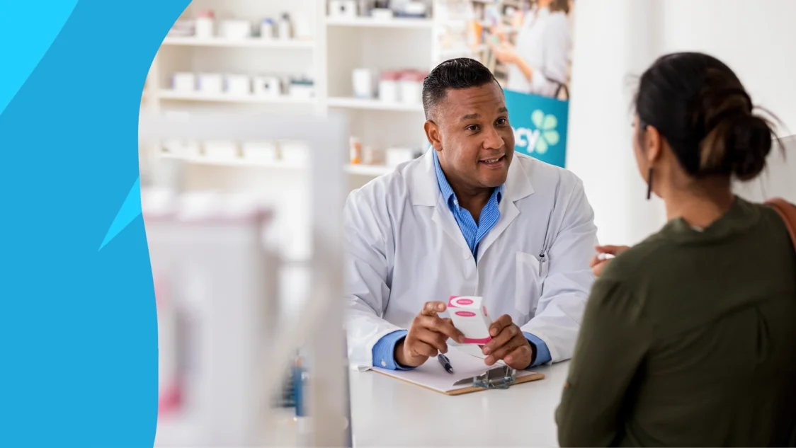 Imaged of a pharmacist consulting a patient to represent "Is Azelastine over the counter?"