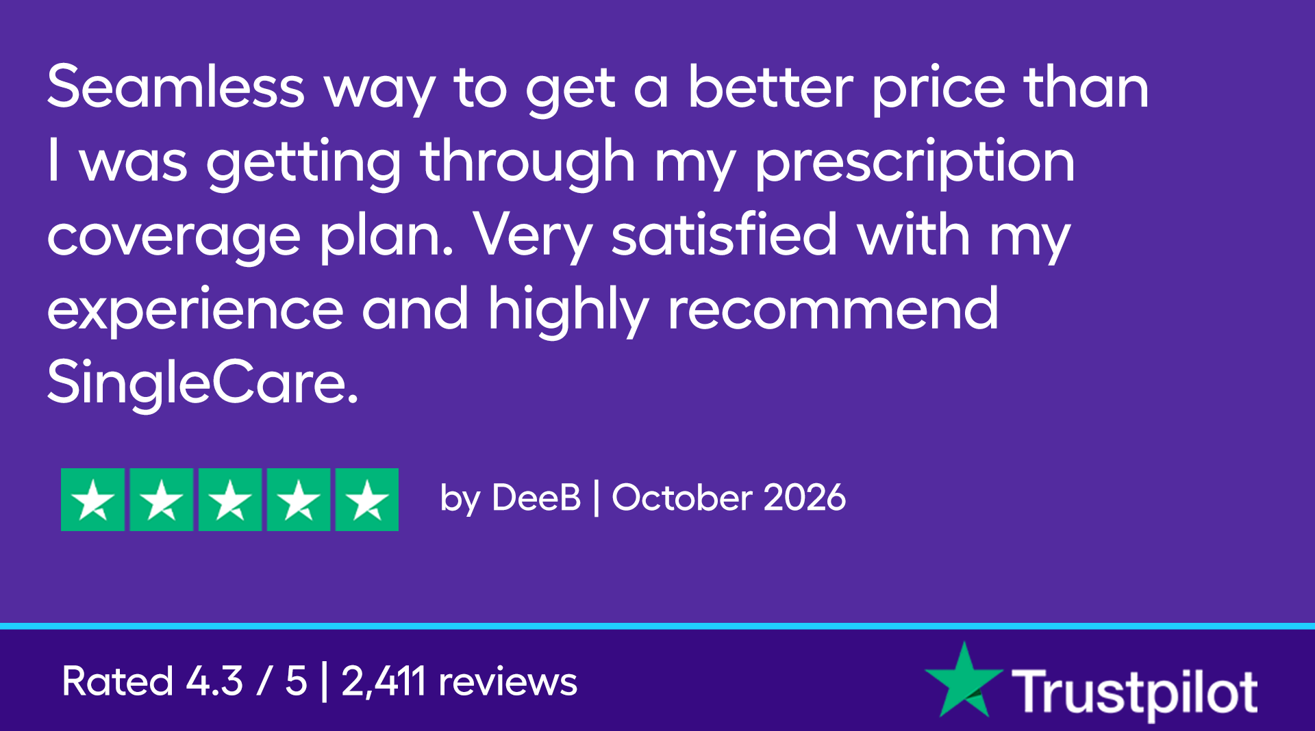 Seamless way to get a better price than I was getting through my prescription coverage plan. Very satisfied with my experience and highly recommend SingleCare.